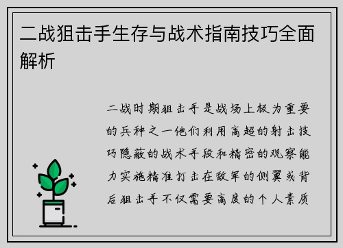二战狙击手生存与战术指南技巧全面解析